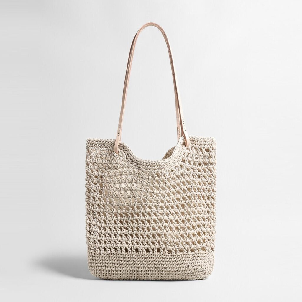 Diamond Pointelle Woven Tote Bag – Chunky Cotton Rope Beach Bag with Leather Handles
