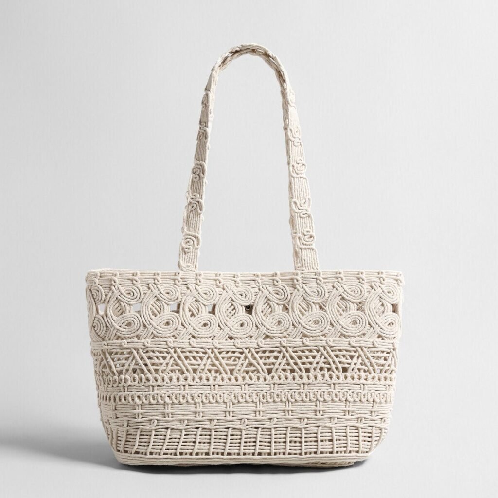 Macramé Woven Tote Bag – Handcrafted Cotton Rope Shoulder Bag with Inner Zipper Pouch